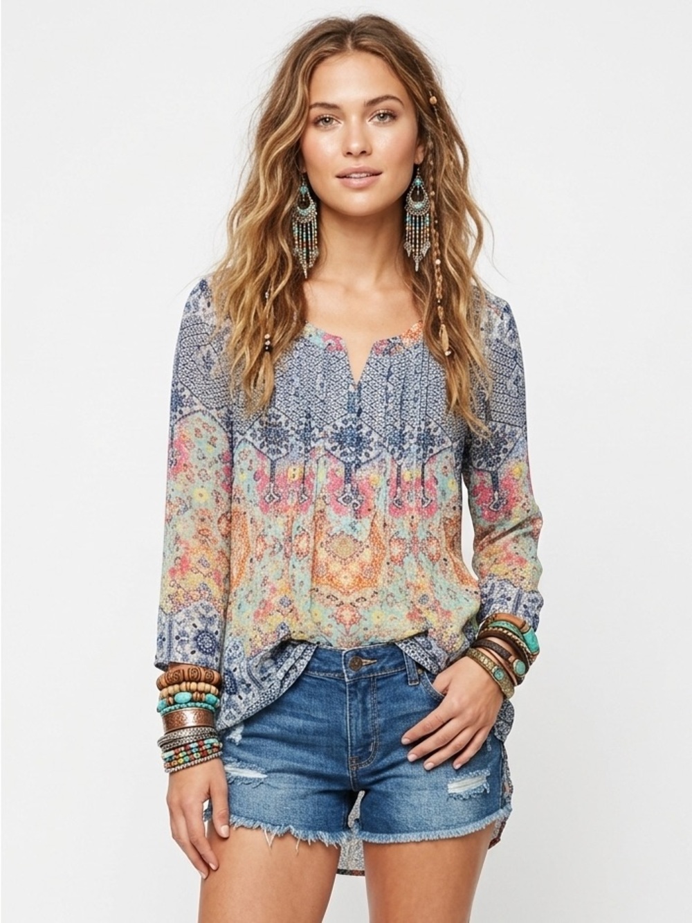 Daniel Rainn Multicolor Sheer Floral Tunic Blouse